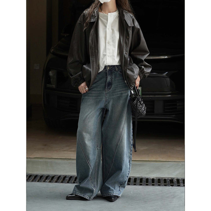 Women's High-Waisted Baggy Denim Pants with Curved Seam Details Mune Fashion