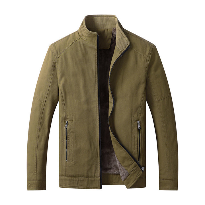 Men's Canvas Field Jacket with Teddy Fleece Lining, Stand Collar and Zipper Mune Fashion