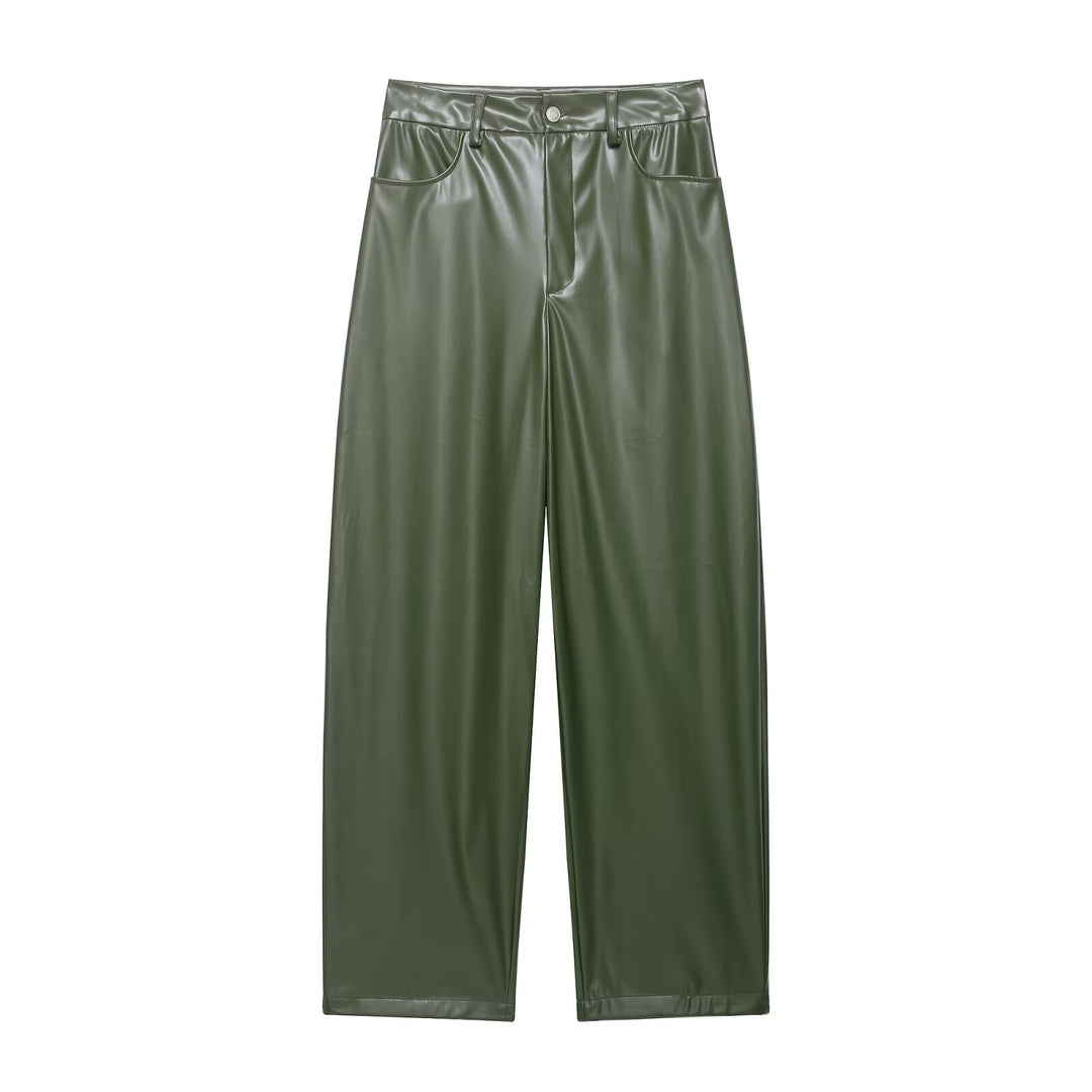Women's Two-Piece PU Leather Ensemble with Field Jacket, Drawstring Waist and High-Waist Wide-Leg Pants Mune Fashion