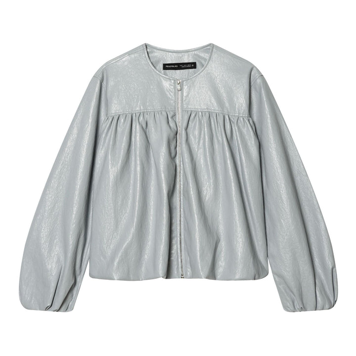 Women nan short shiny oversized bomber jacket with gathered chest yoke and voluminous balloon sleeves Mune Fashion