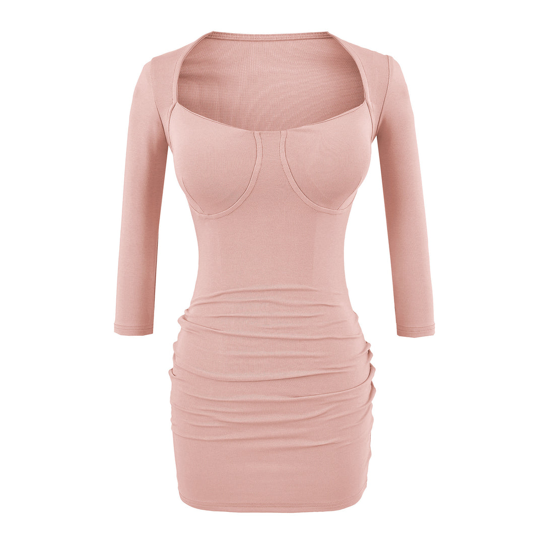 Ladies fitted midi dress with sewn-in cups, wide square neckline and gathering around