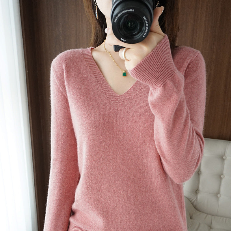 Women Soft V-Neck Cashmere Blend Sweater with Fine Ribbed Cuffs Mune Fashion