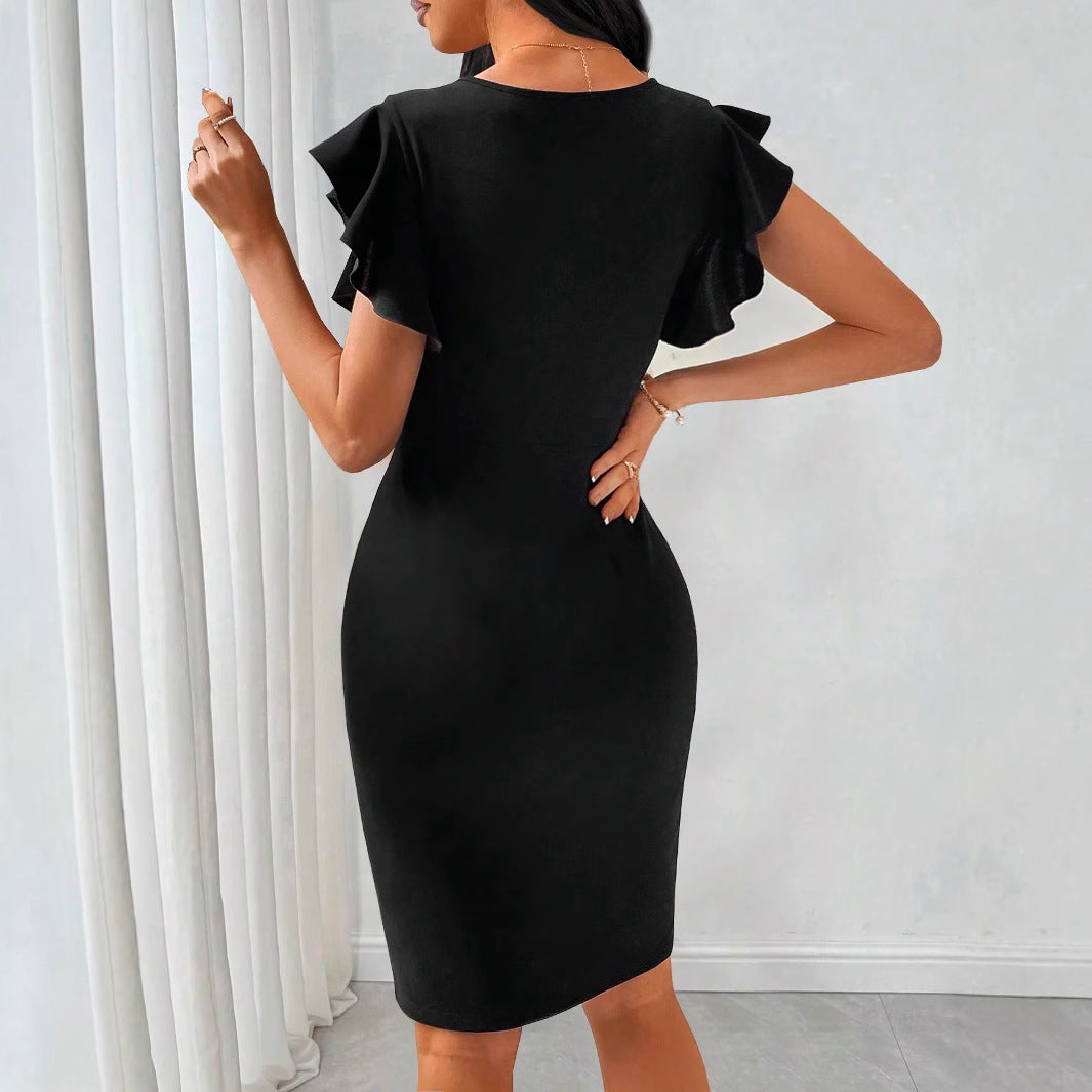 Women's fitted sheath dress with transparent V-net insert and ruffle sleeves Mune Fashion