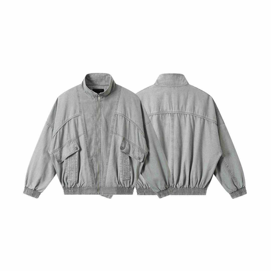 Unisex Short Cut Washed Canvas Utility Jacket with High Stand-Up Collar Mune Fashion
