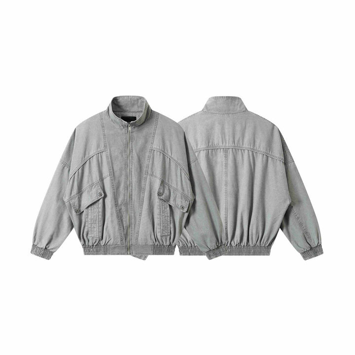 Unisex Short Cut Washed Canvas Utility Jacket with High Stand-Up Collar Mune Fashion