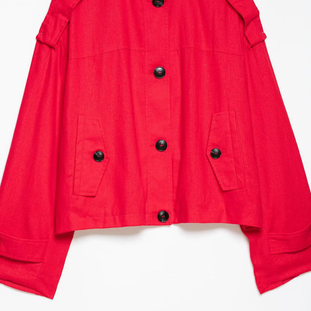 Women's short cape jacket in boxy cropped trench style with stand collar and shoulder patches Mune Fashion