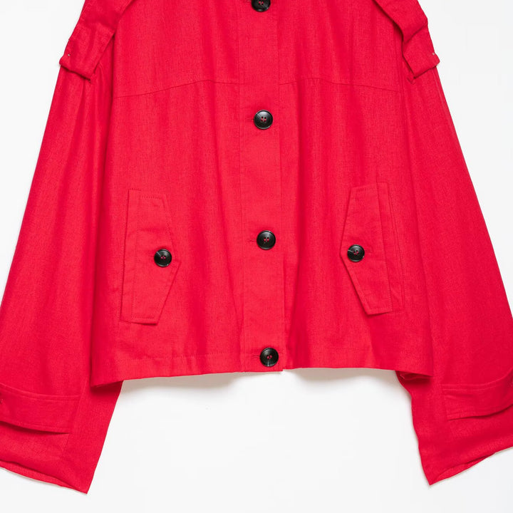 Women's short cape jacket in boxy cropped trench style with stand collar and shoulder patches Mune Fashion