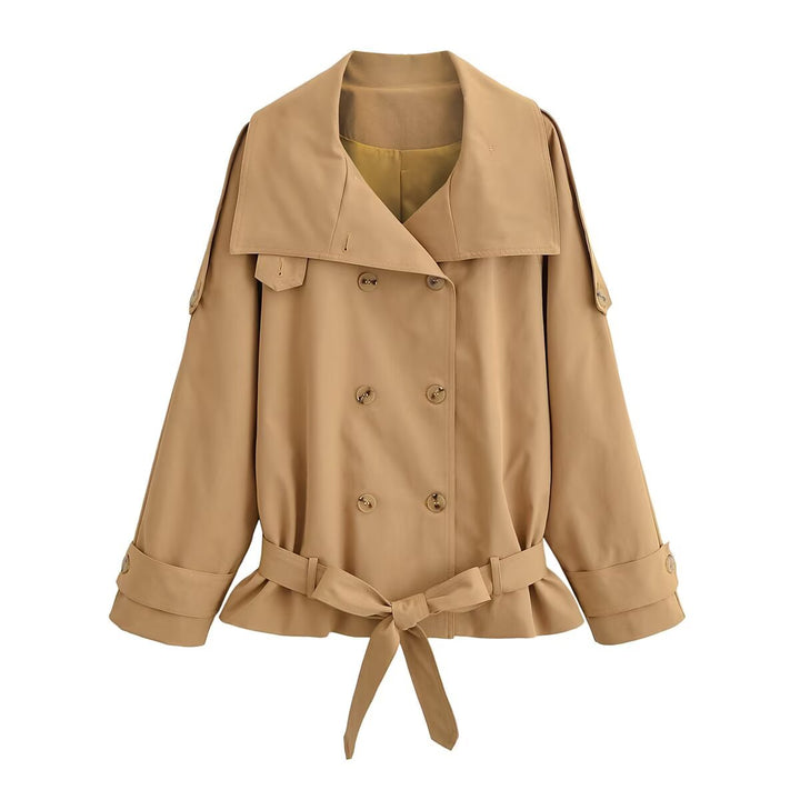 Women Short Trench Coat with Double-breasted Button Placket, Cape Yoke and Waist Belt Mune Fashion