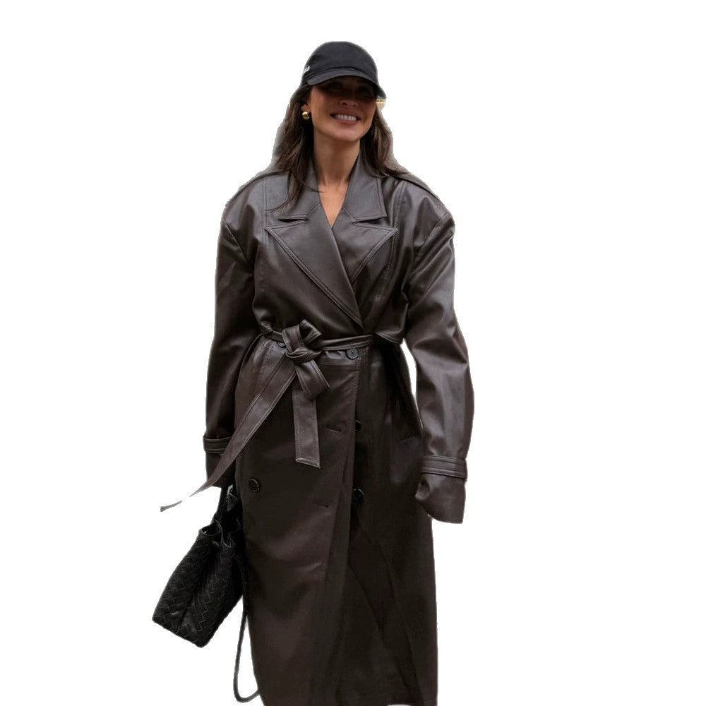 Ladies Maxilength Oversize Faux Leather Trench Coat with Wide Lapels and Waist Belt Mune Fashion