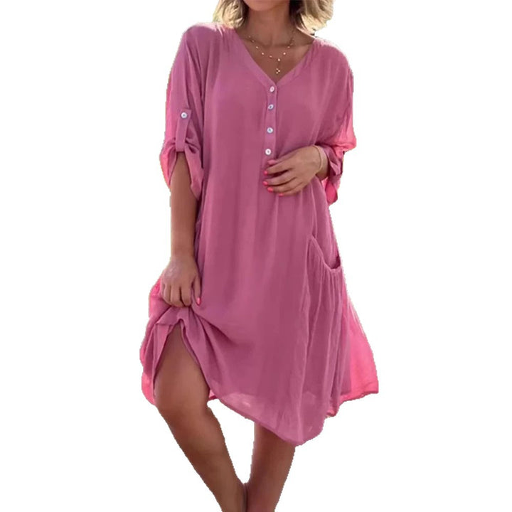 Ladies light V-neck tunic dress with button placket, patch pocket and roll-up sleeves Mune Fashion