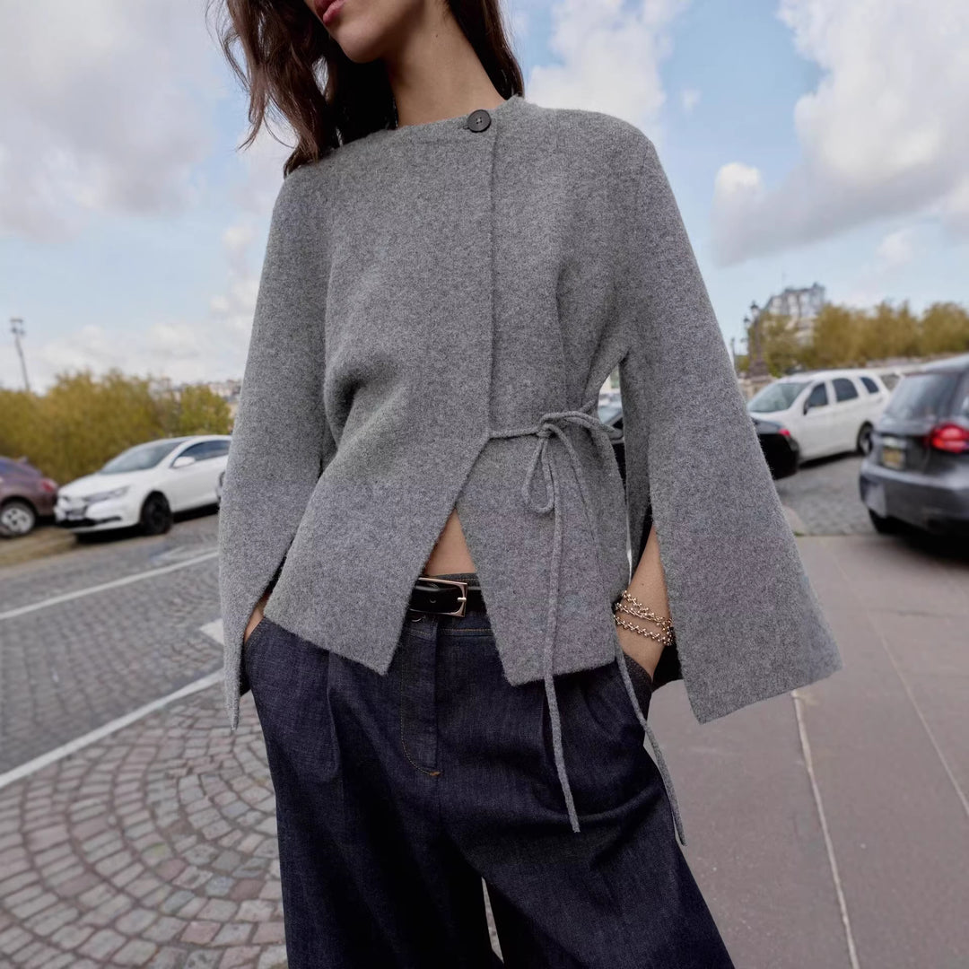 Women's Short Wool Blend Cape with Round Neck, Drawstring Waist and Bell Sleeves Mune Fashion