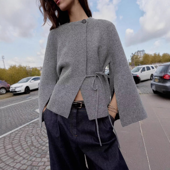 Women's Short Wool Blend Cape with Round Neck, Drawstring Waist and Bell Sleeves Mune Fashion