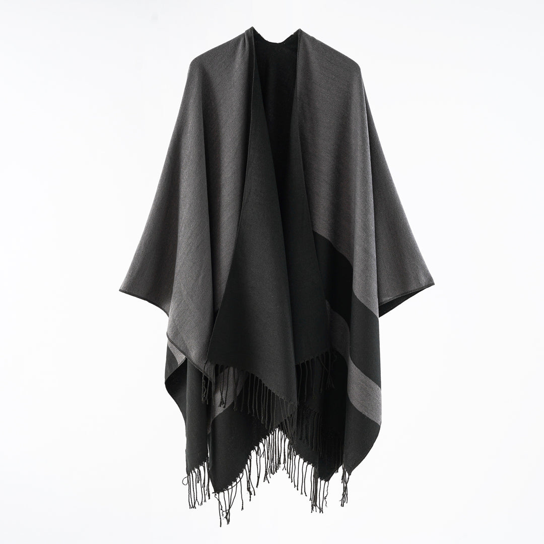 Ladies multifunctional fringe wrap poncho made of wool blend with double-layered drape