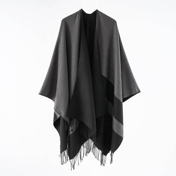 Ladies multifunctional fringe wrap poncho made of wool blend with double-layered drape