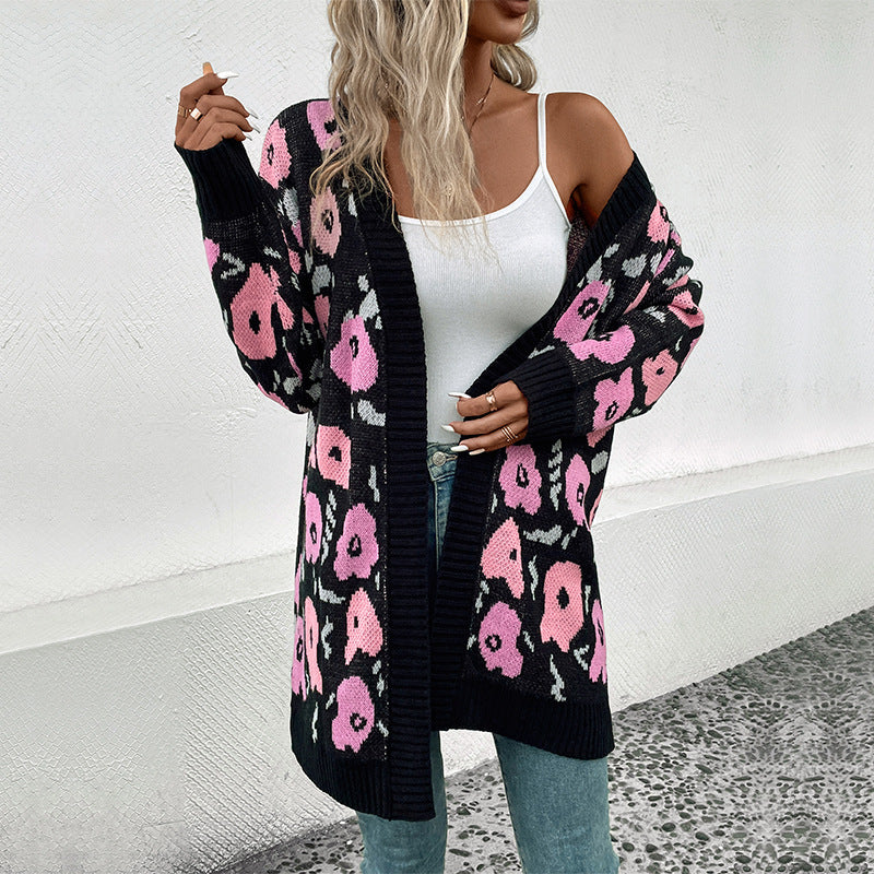 Women's Long Knit Cardigan with Oversize Cut, Animal Jacquard and Ribbed Cuffs Mune Fashion