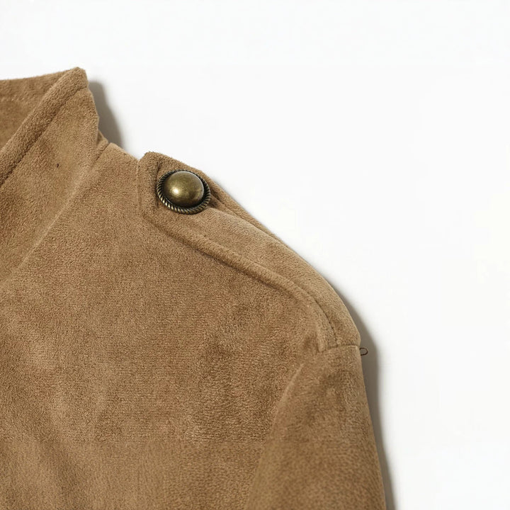 Women's short military-style jacket in faux suede with row of brass buttons Drune