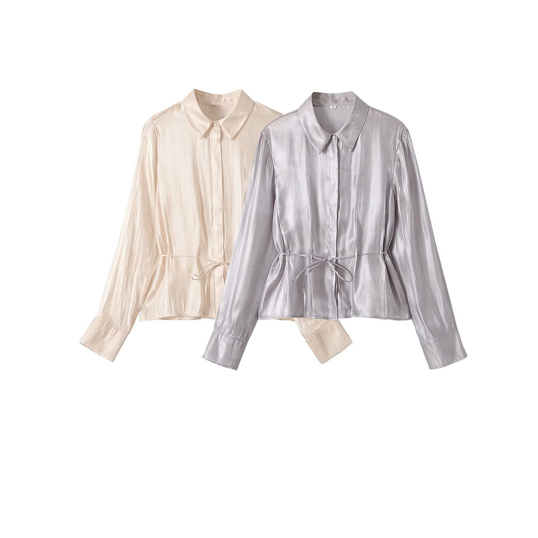 Ladies silk matte tailored shirt blouse with drawstring and concealed button placket Mune Fashion