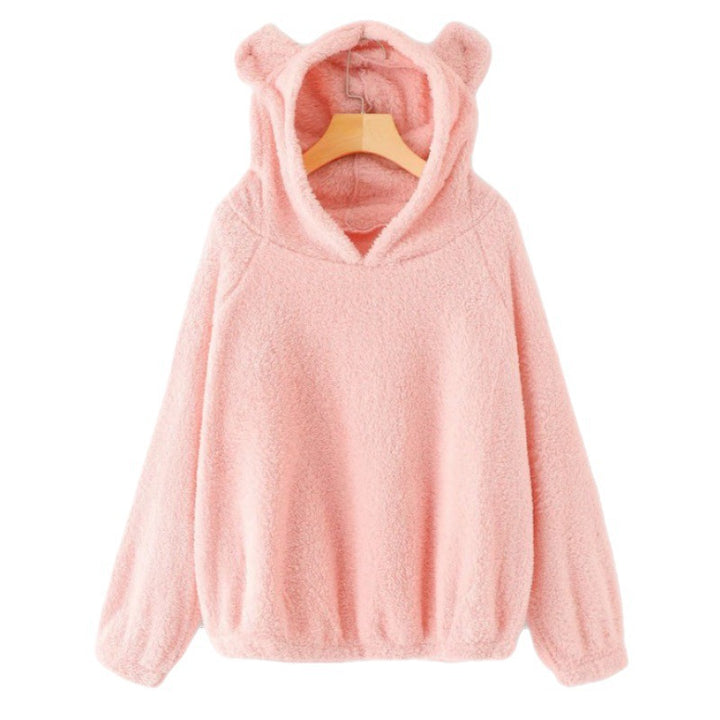 Women's Cozy Teddy Hooded Sweater with Bear Ears and Drawstring Hem Mune Fashion