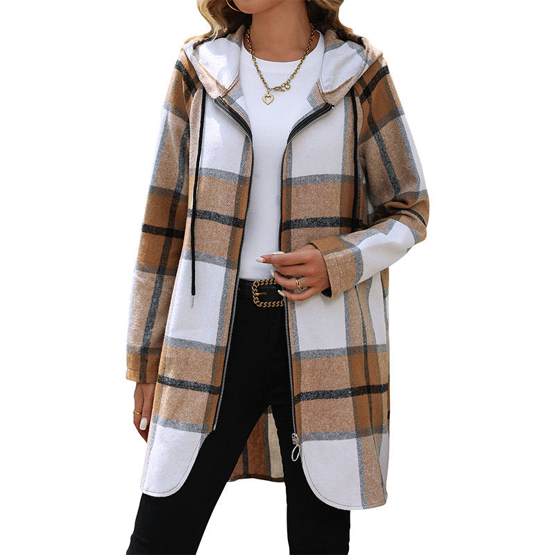 Women's Long Hooded Cardigan with Check Pattern, Zipper & Pockets Mune Fashion