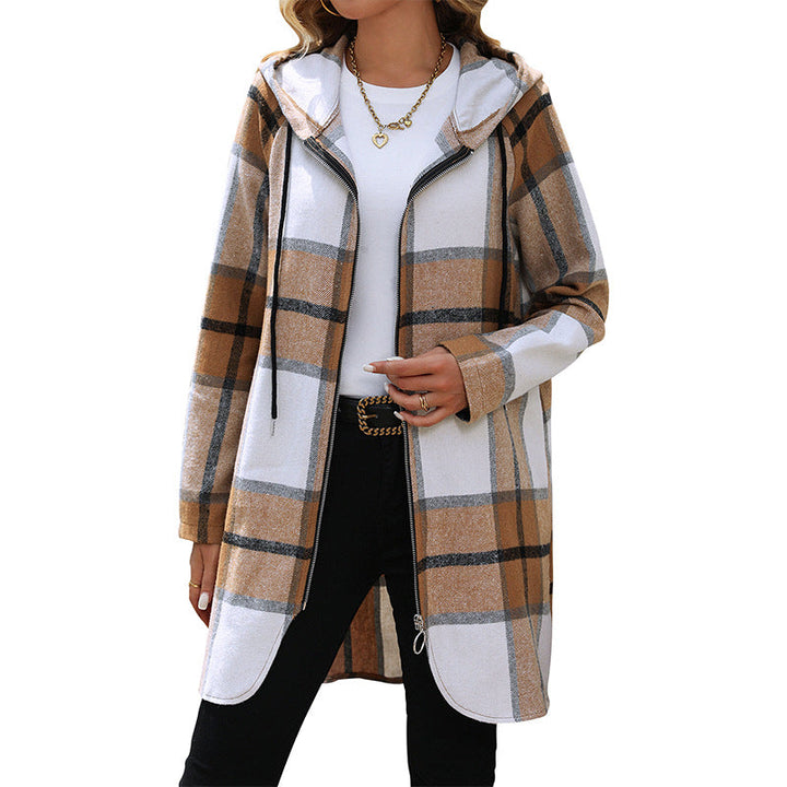 Women's Long Hooded Cardigan with Check Pattern, Zipper & Pockets Mune Fashion
