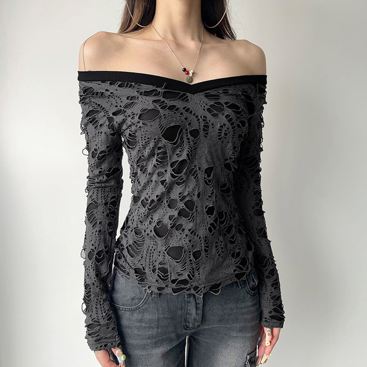 Ladies transparent distressed lace shirt with V-neck, long-sleeve layered look and built-in cami Mune Fashion