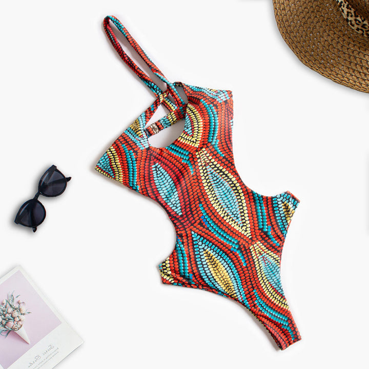 Women's One-Piece Swimsuit with Asymmetric Cut-Out and Floral Design Mune Fashion