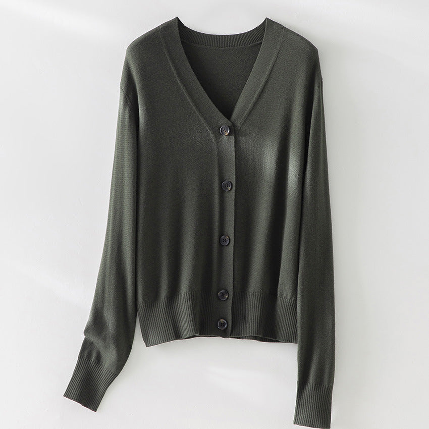 Women's Fine V-Neck Cardigan with Button Placket and Ribbed Hem Mune Fashion