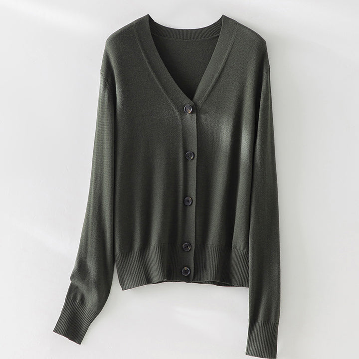 Women's Fine V-Neck Cardigan with Button Placket and Ribbed Hem Mune Fashion