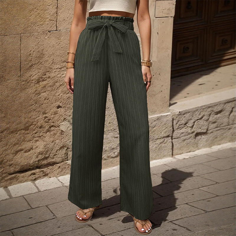 Women's Wide Pleated Trousers with Paperbag Waist and Waist Tie Belt Mune Fashion