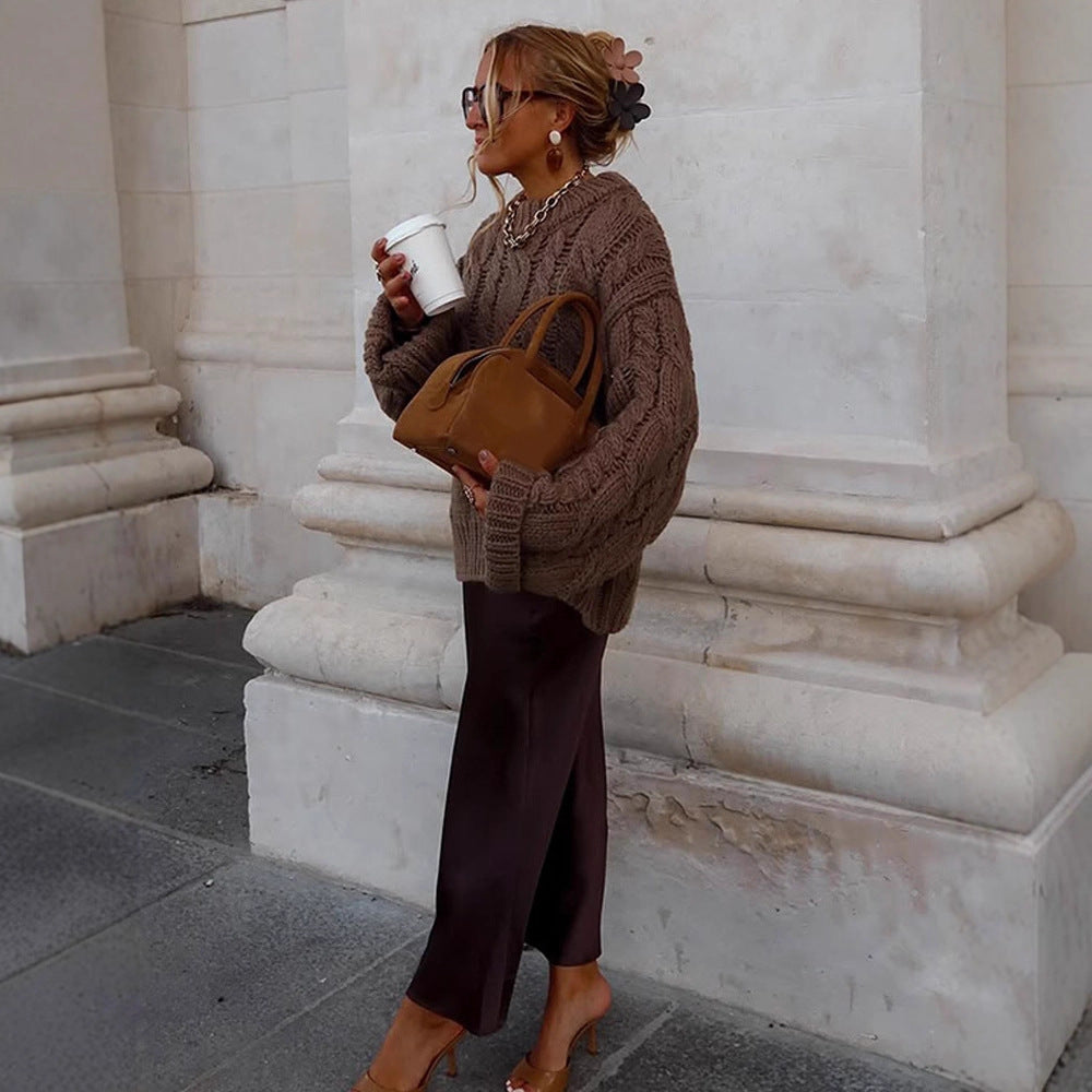 Women's Oversize Chunky Knit Sweater with Cable Knit, High Collar and Extended Sleeves Mune Fashion