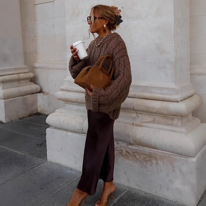 Women's Oversize Chunky Knit Sweater with Cable Knit, High Collar and Extended Sleeves Mune Fashion