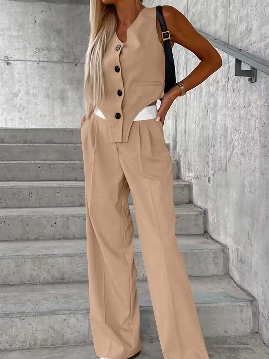 Women Asymmetrical Gilet and Palazzo Pants Set with Pleats and Side Pockets Mune Fashion