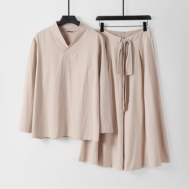 Women's Lightweight Linen-Cotton Loungewear Set with V-Neck, Wide Midi Skirt, and Tie Belt Mune Fashion