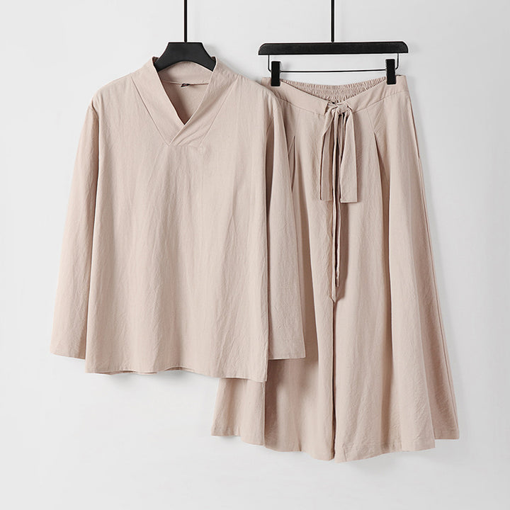 Women's Lightweight Linen-Cotton Loungewear Set with V-Neck, Wide Midi Skirt, and Tie Belt Mune Fashion
