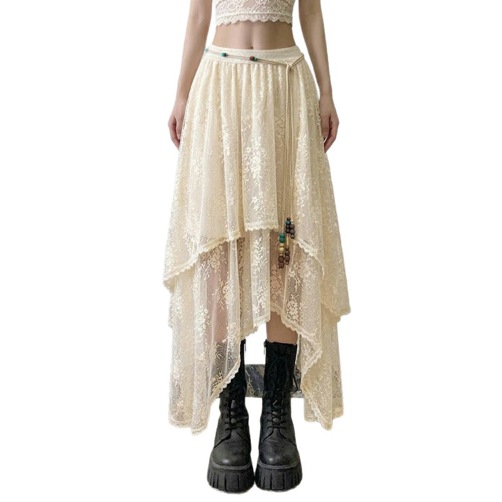 Women Multi-layered Lace Midi Skirt with Asymmetrical Hem and Elastic Waistband Mune Fashion