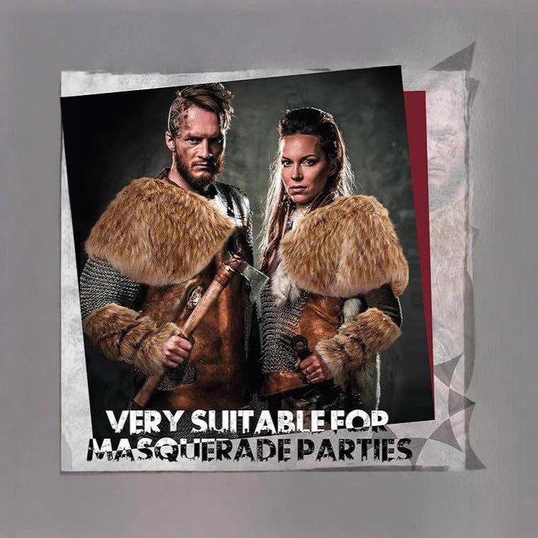Men's Warrior Costume Accessory Set made of faux fur with shoulder drape, arm guards, and adjustable leather harness Mune Fashion
