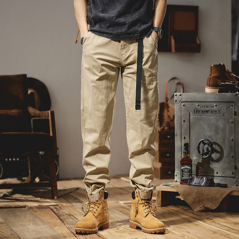 Men's Military-inspired Tapered Cargo Joggers made of durable cotton twill with integrated web belt and ribbed ankle cuffs Mune Fashion