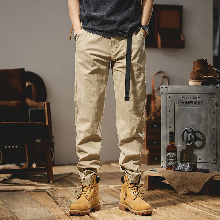 Men's Military-inspired Tapered Cargo Joggers made of durable cotton twill with integrated web belt and ribbed ankle cuffs Mune Fashion