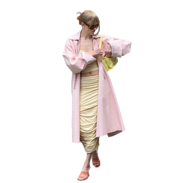 Women's midi coat made of wool blend with dropped shoulders and concealed snap button placket Mune Fashion