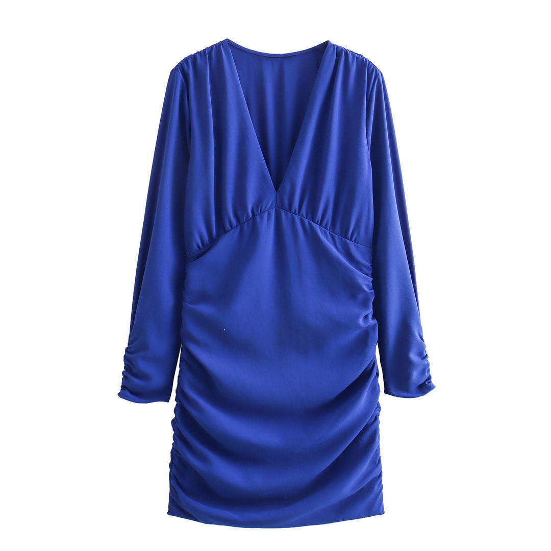 Women's Figure-hugging Mini Dress with Deep V-Neck and Side Gatherings Mune Fashion
