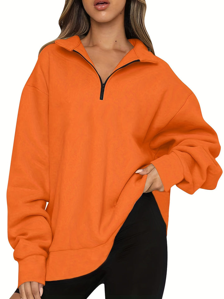 Women nan Oversized Sweatshirt with Short Zip, Stand-up Collar and Kangaroo Pocket Mune Fashion