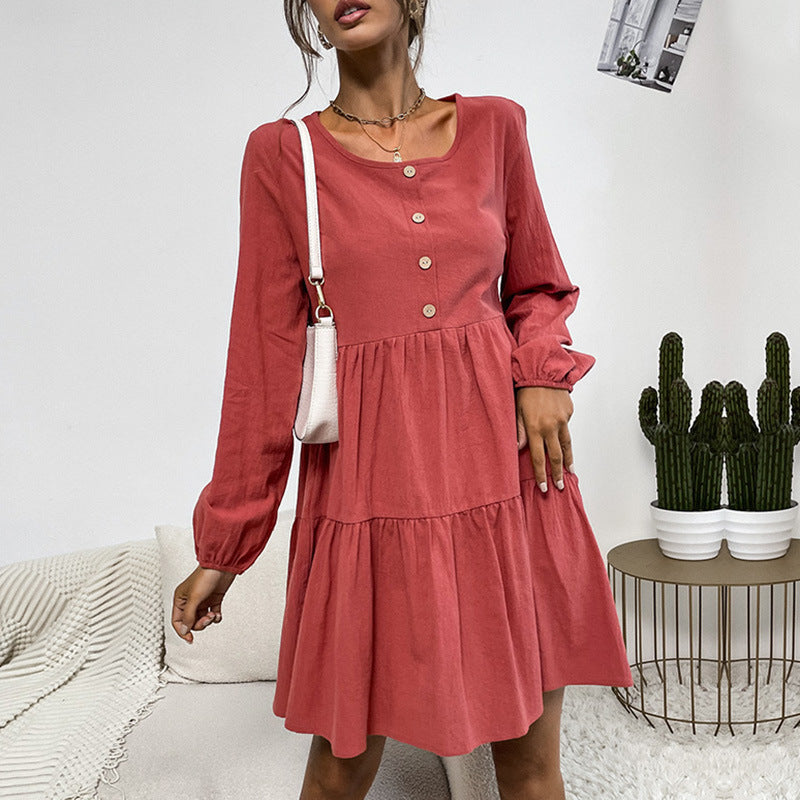 Women's Loose Cord Ruffle Dress with Tiered Skirt & Decorative Button Placket Mune Fashion
