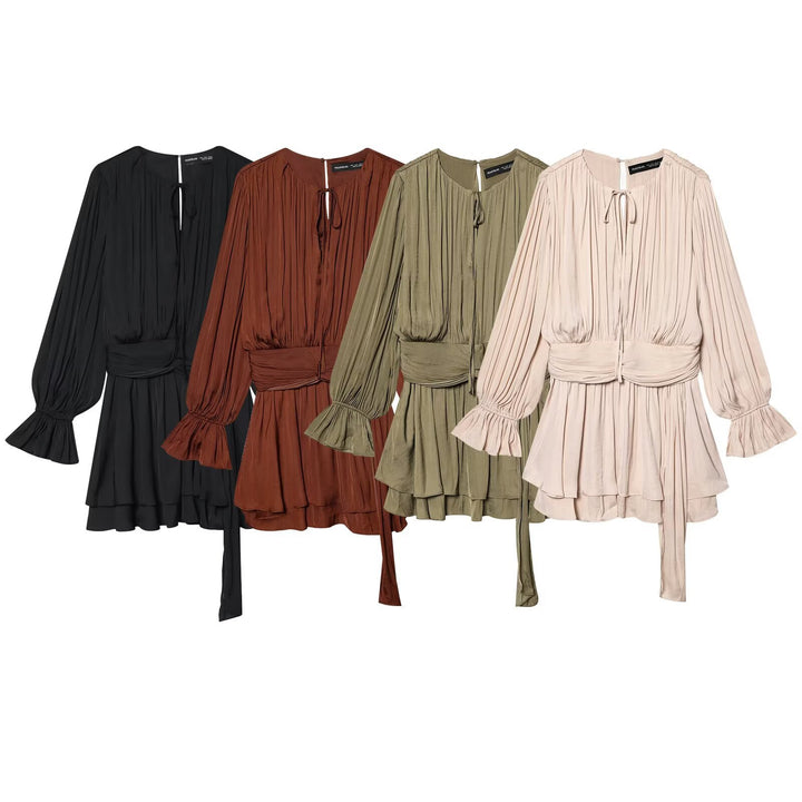 Women Pleated Wrap Dress with Ruffle Skirt and Balloon Sleeves Mune Fashion