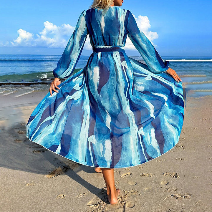 Women’s long beach cover-up with deep V-neck and tie belt Mune Fashion
