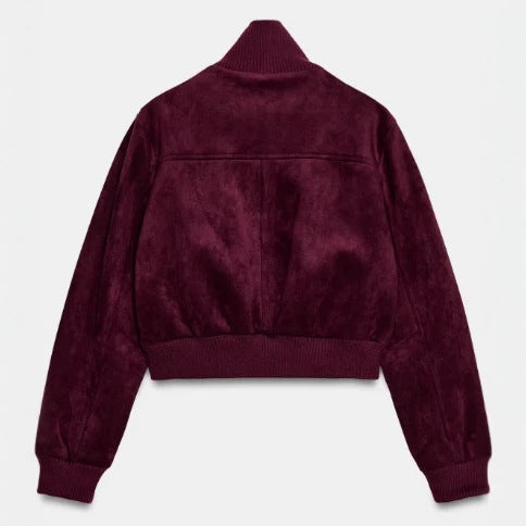 Women's Short Suede Bomber Jacket with High Ribbed Collar, Elastic Hem and Patch Pockets Mune Fashion