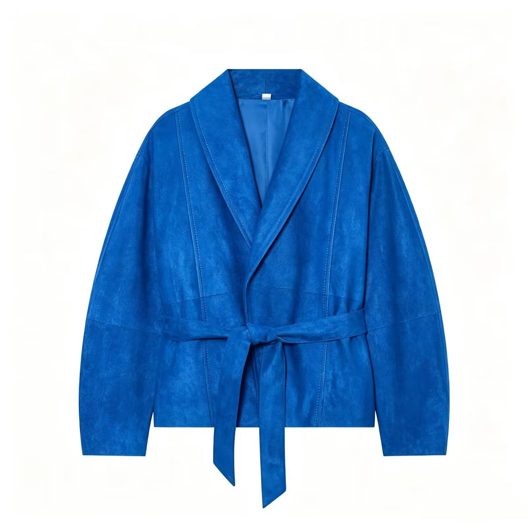 Women's short jacket in kimono style made of velour look with shawl collar and tie belt Mune Fashion