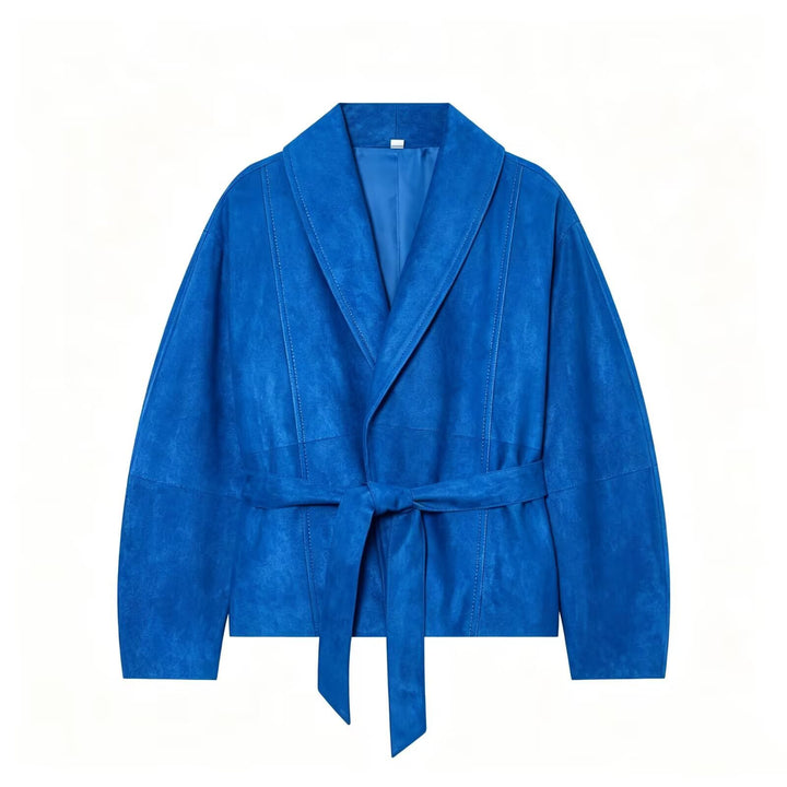 Women's short jacket in kimono style made of velour look with shawl collar and tie belt Mune Fashion