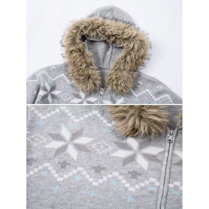 Women's hoodie sweatshirt with faux fur collar and Norwegian pattern Mune Fashion