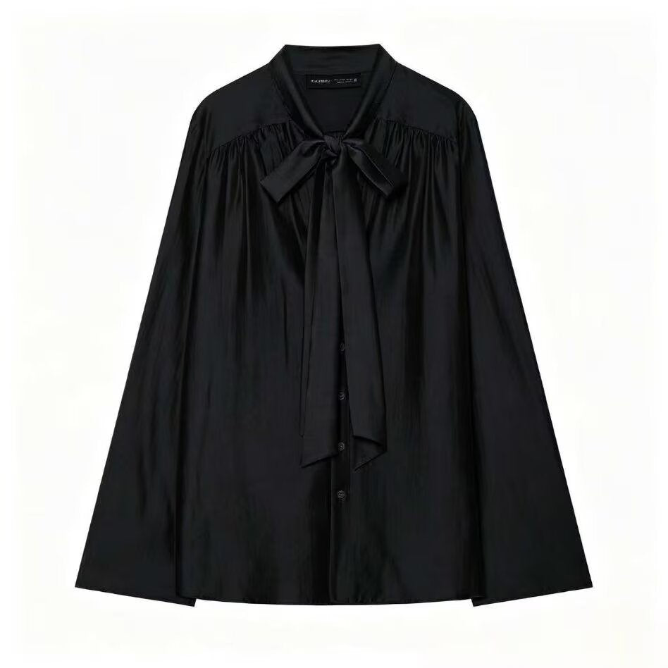Women's Soft Sweater Blouse with Bow Collar, Gathered Insert and Loose Fit Mune Fashion