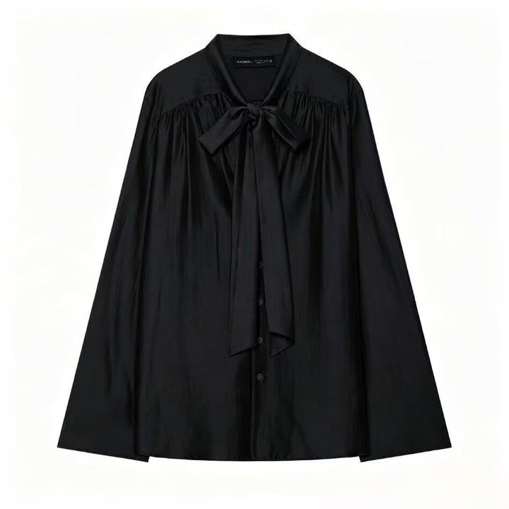 Women's Soft Sweater Blouse with Bow Collar, Gathered Insert and Loose Fit Mune Fashion